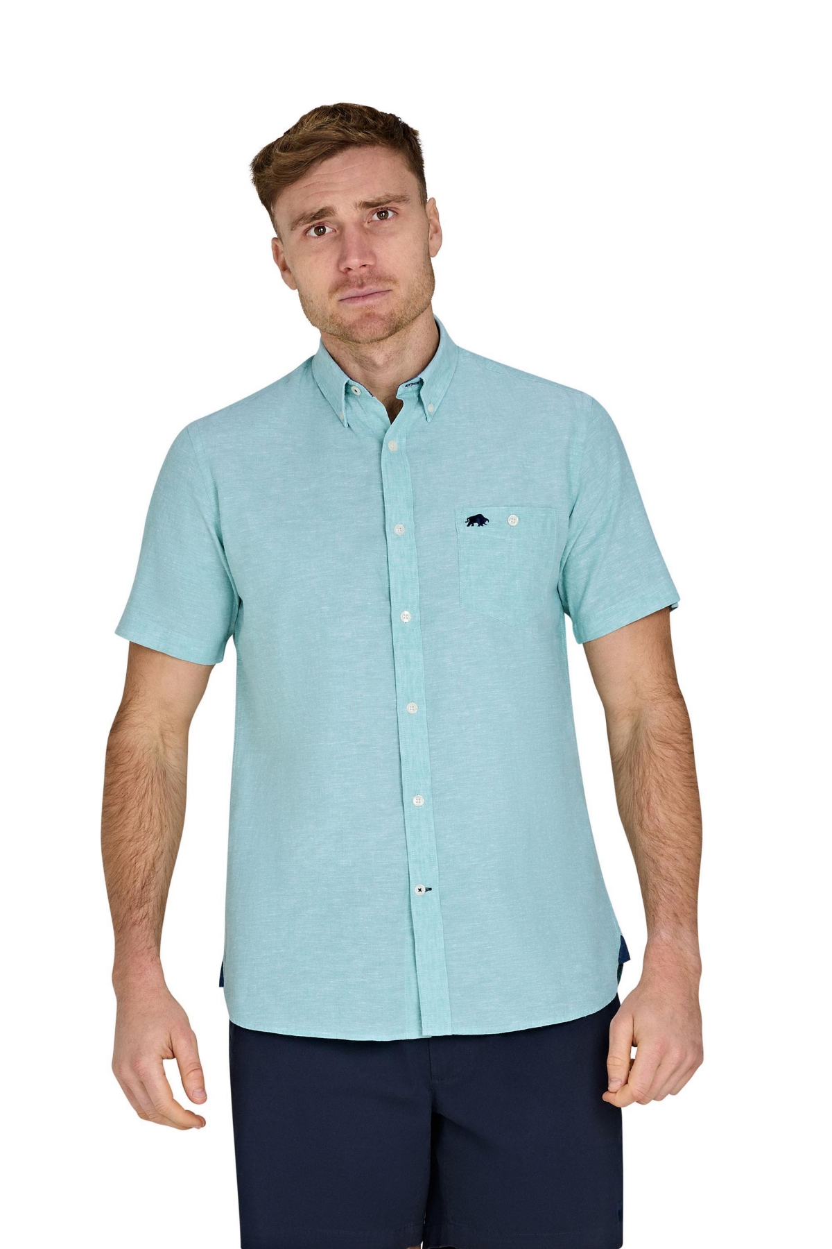 Raging Bull Men's Short-Sleeve Linen-Blend Button-Down Collar Shirt