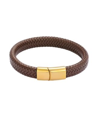 Men's Gold-Tone Leather Magnetic Closure Bracelet