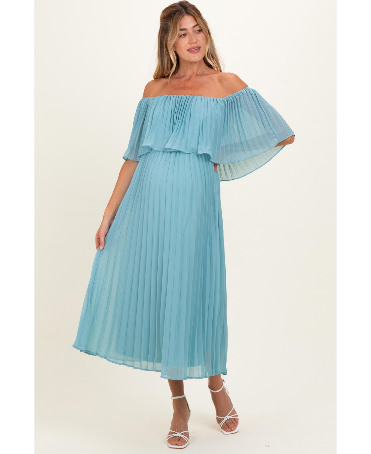 Pinkblush Maternity Pleated Off-the-Shoulder Flounce Midi Dress