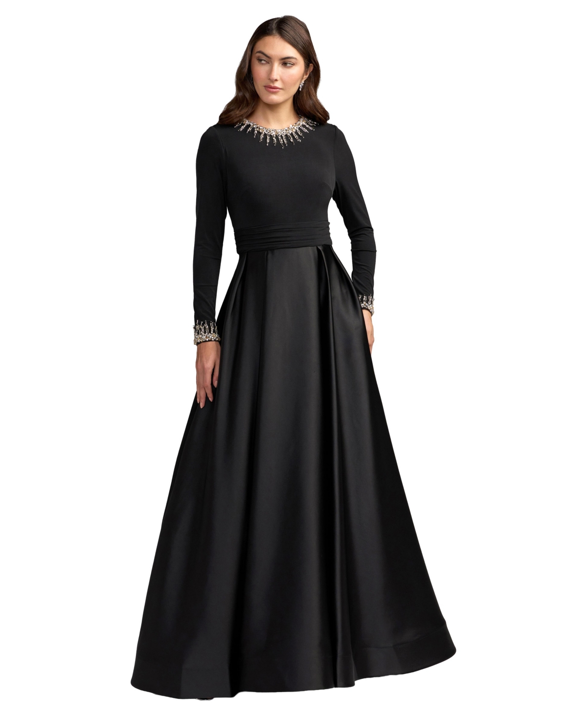 Ieena for Mac Duggal - Black Jersey and Satin Long Sleeve A-Line Gown - Black / US 22