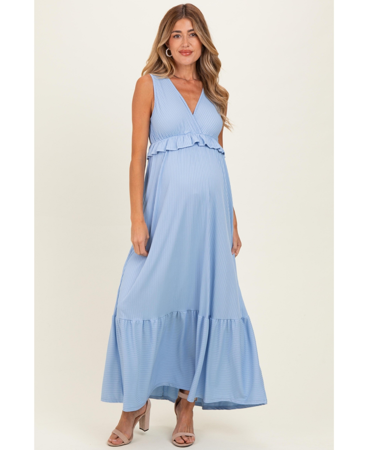 Pinkblush Women's Light Blue Ribbed Sleeveless V-Neck Ruffle Tiered Maxi Dress
