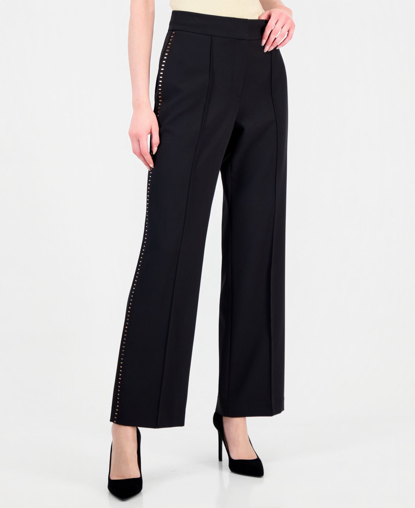 Женские брюки Elie Tahari Margaret Wide-Leg High-Waisted Rhinestone Side Stripe, цвет: Чёрный — фото 1