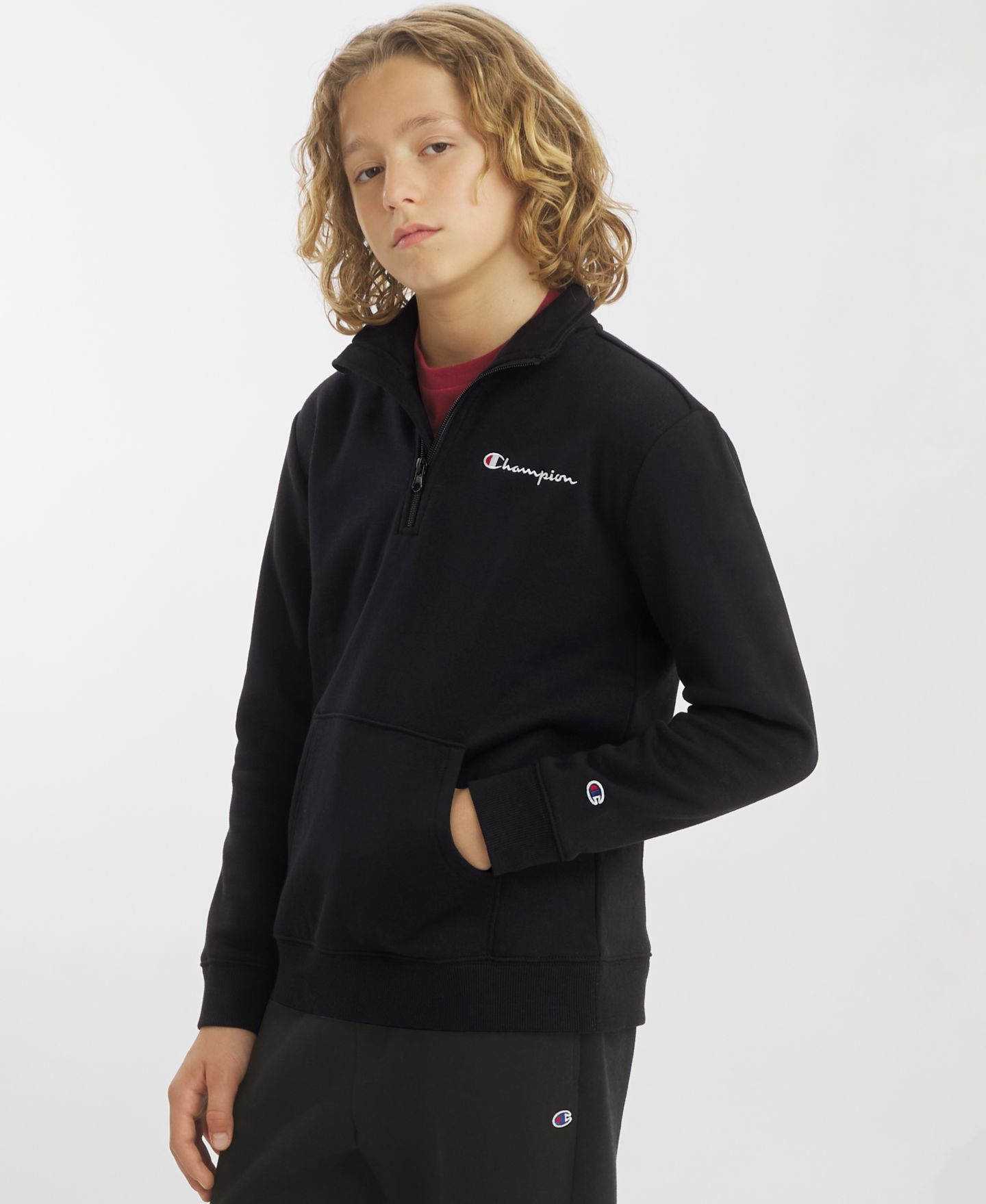 Толстовка Champion Quarter-Zip Logo Sweatshirt для мальчиков, цвет: Чёрный оникс — фото 2