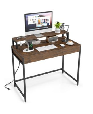 Computer Desk with Power Outlets, Compact Office Desk with Removable Monitor Shelf