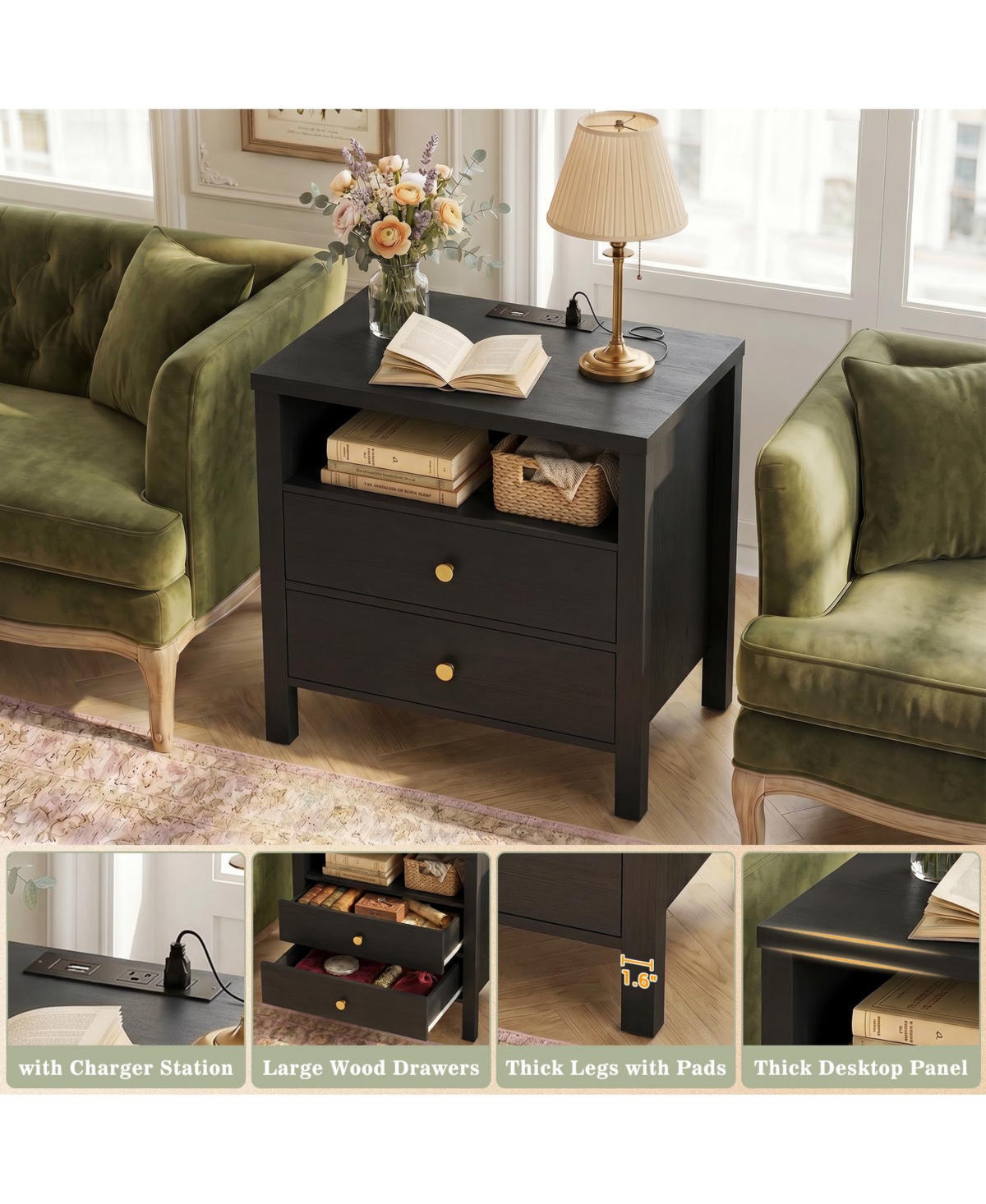 Aheaplus Nightstands Set of 2 with Charging Station and 2-Drawers for Bedroom