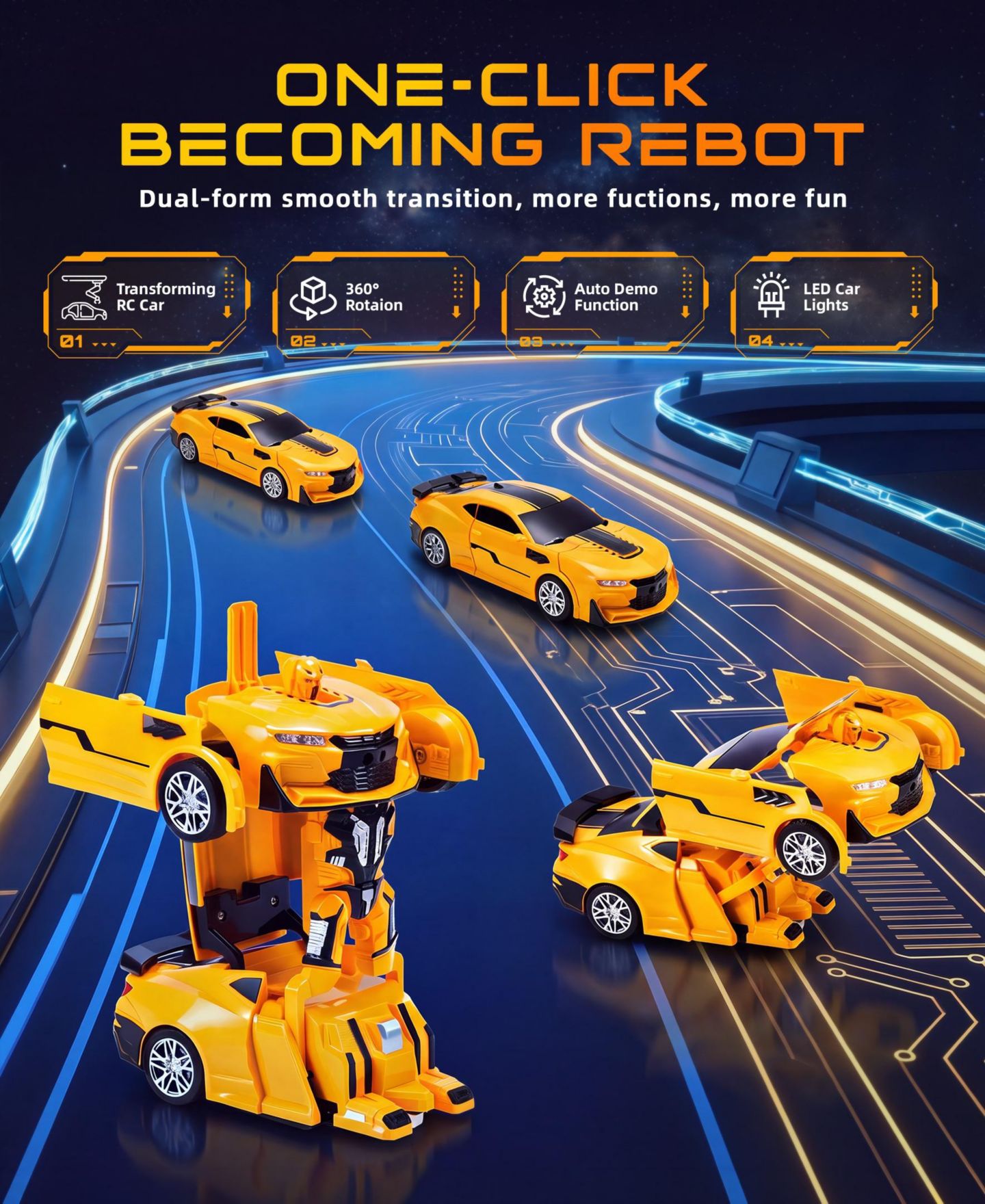 Детская игрушка SUGIFT 1:18 RC Transforming Robot Car with LED Lights and 360-Degree Rotation, цвет: Жёлтый — фото 2