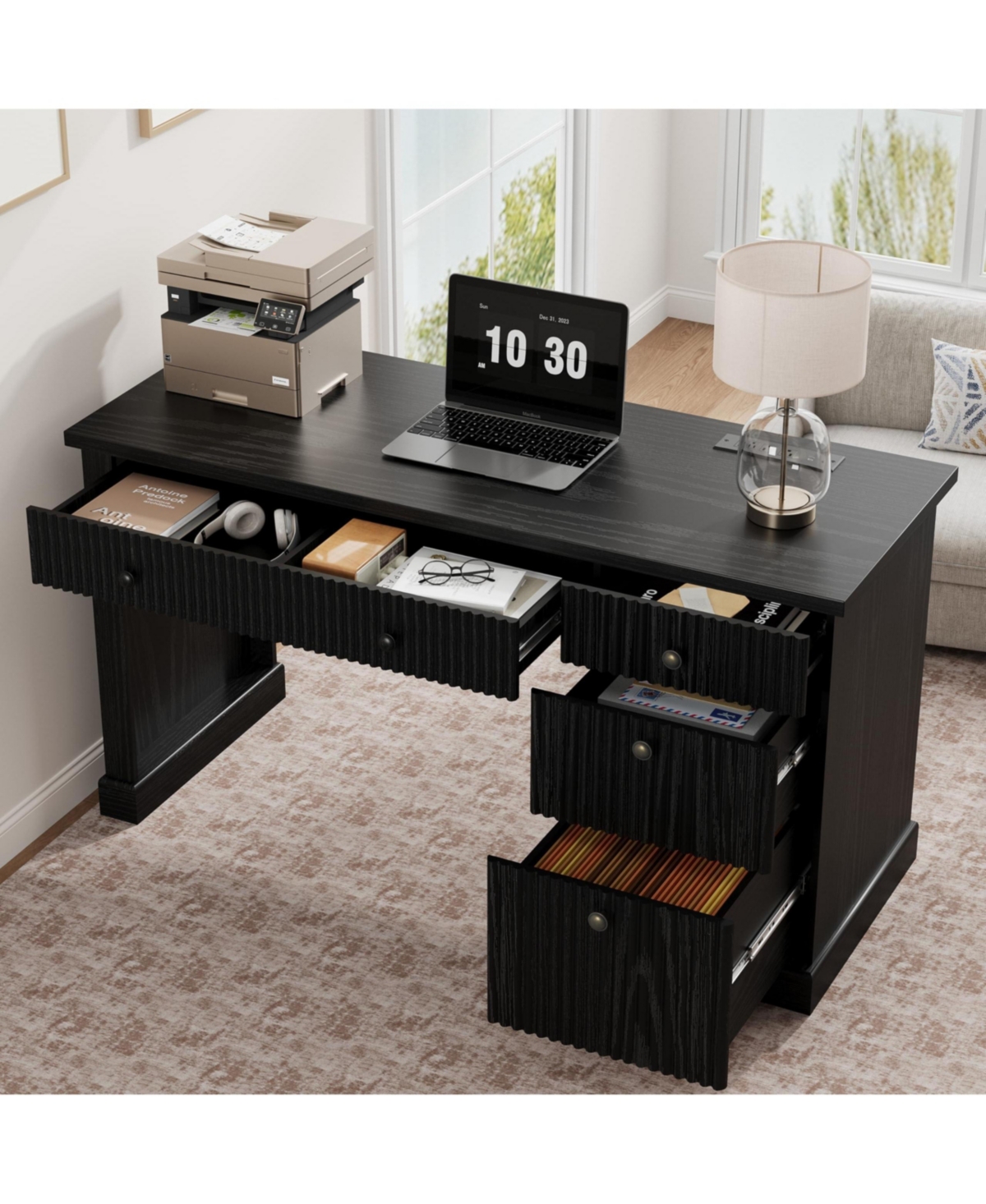 homfan 54" Fluted Executive Desk with File Drawer and Storage Drawers - Black