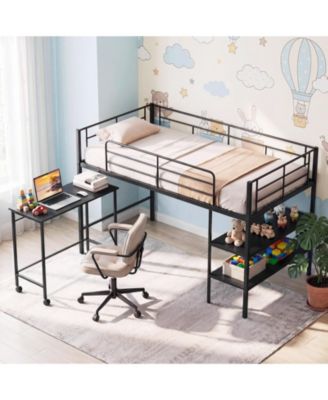 Loft Bed Rolling Desk and Bookshelf Metal Slats for Bedroom Dormitory