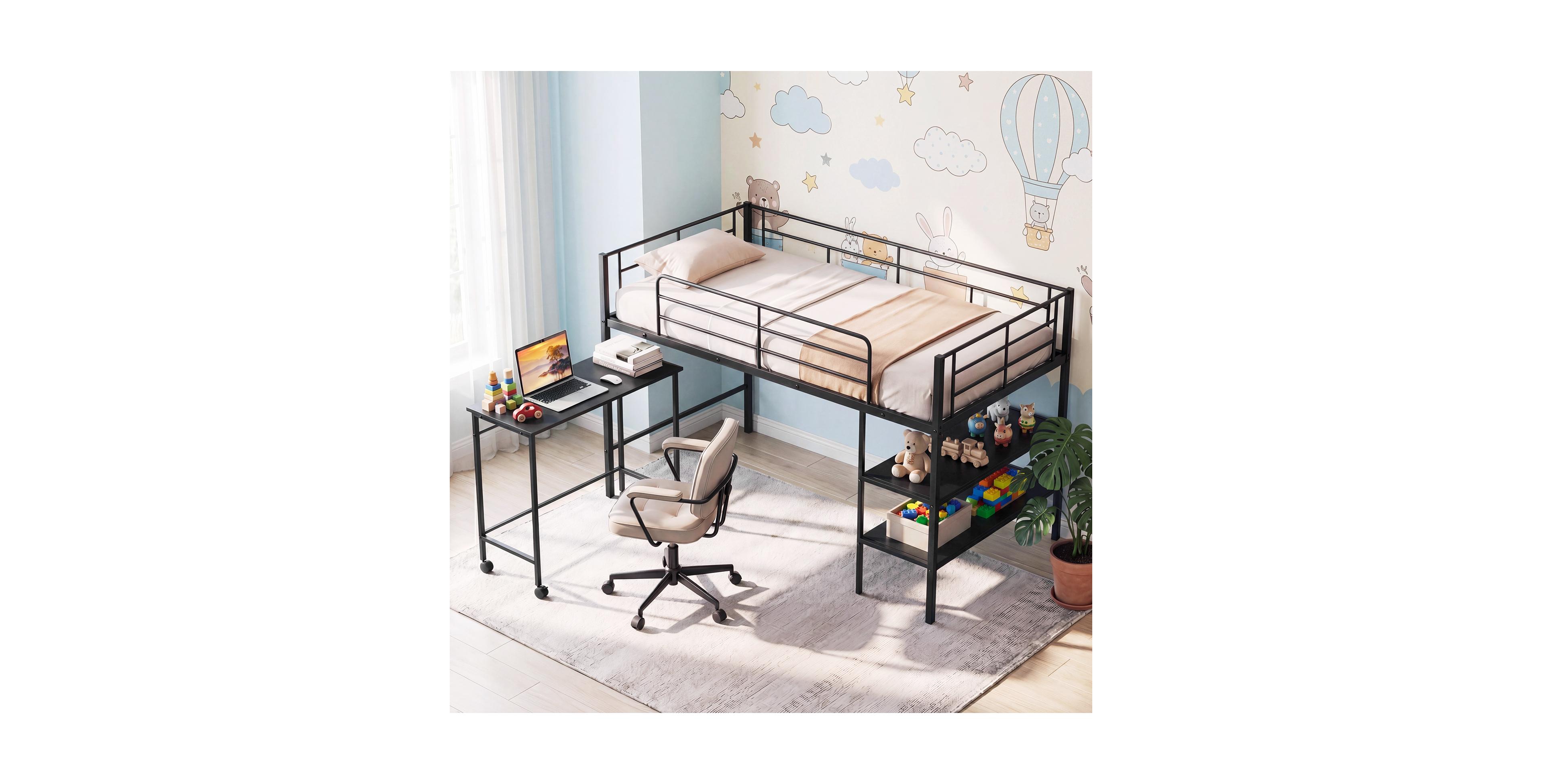 Gymax Loft Bed Rolling Desk and Bookshelf Metal Slats for Bedroom Dormitory