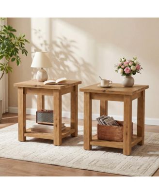 Solid Wood Farmhouse Side Table Set of 2, 2-Tier End Table
