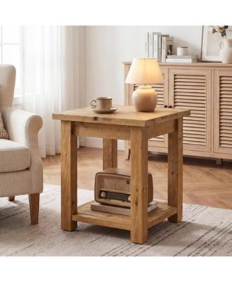 Solid Wood Farmhouse Side Table, 2-Tier Storage End Table