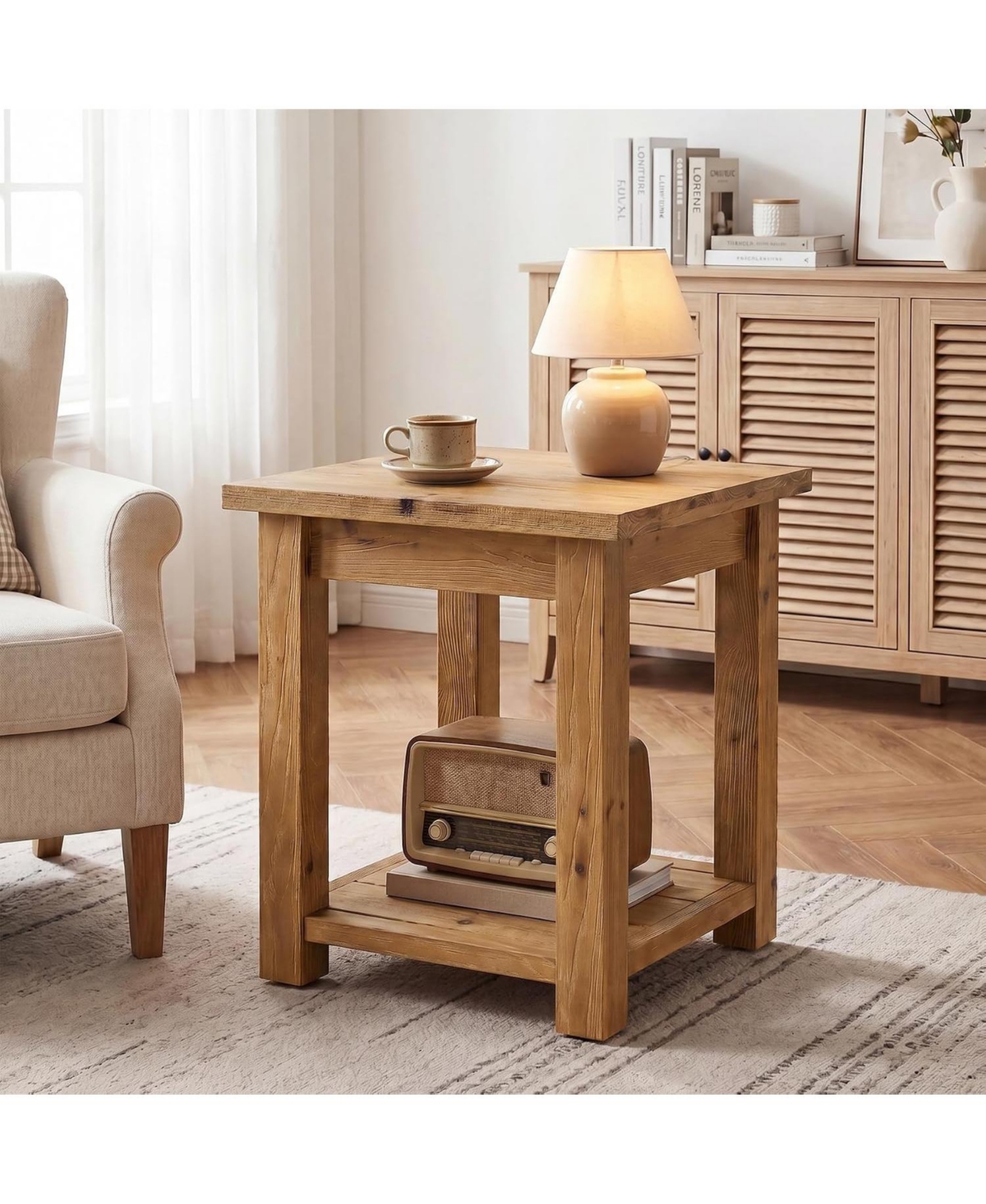 Tribesigns Solid Wood Farmhouse Side Table, 2-Tier Storage End Table