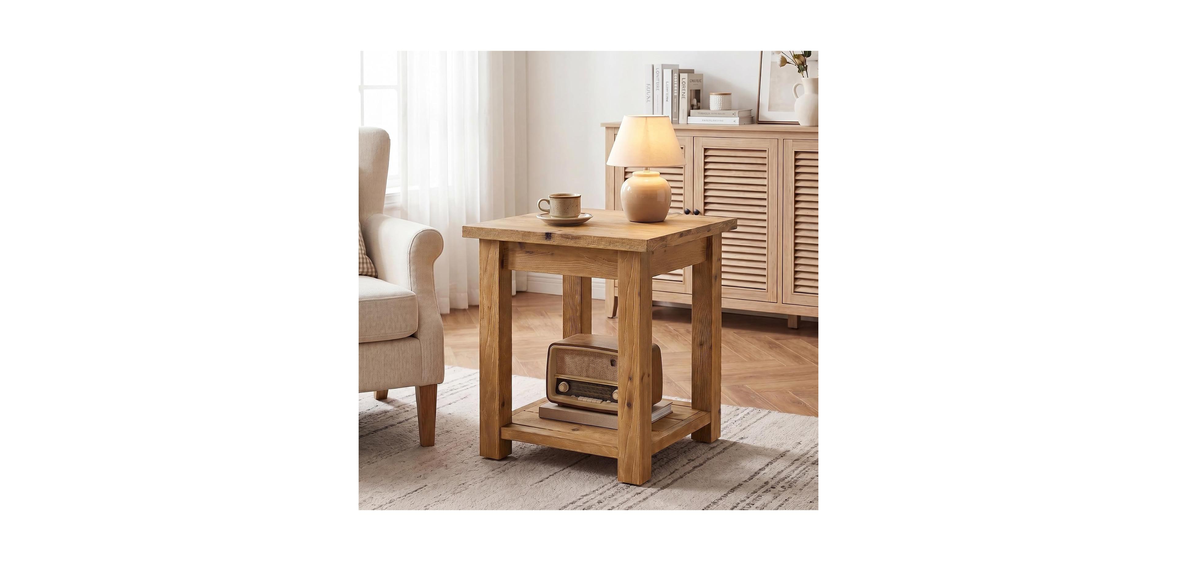 Tribesigns Solid Wood Farmhouse Side Table, 2-Tier Storage End Table