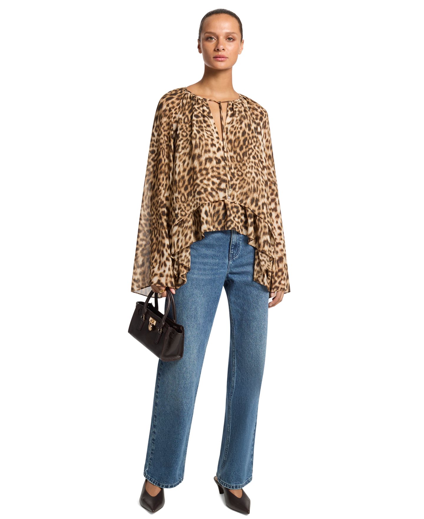 Женская блузка Michael Kors Long-Sleeve Leopard-Print High-Low Blouse, цвет: Тёмный верблюжий — фото 2