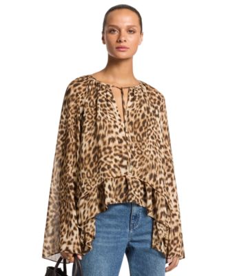 MICHAEL Women's Long-Sleeve Leopard-Print High-Low Blouse