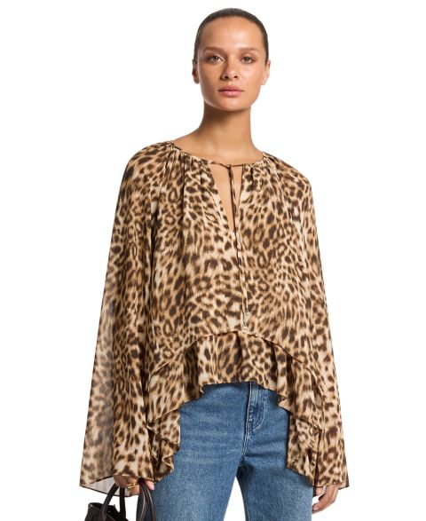 Женская блузка Michael Kors Long-Sleeve Leopard-Print High-Low Blouse, цвет: Тёмный верблюжий