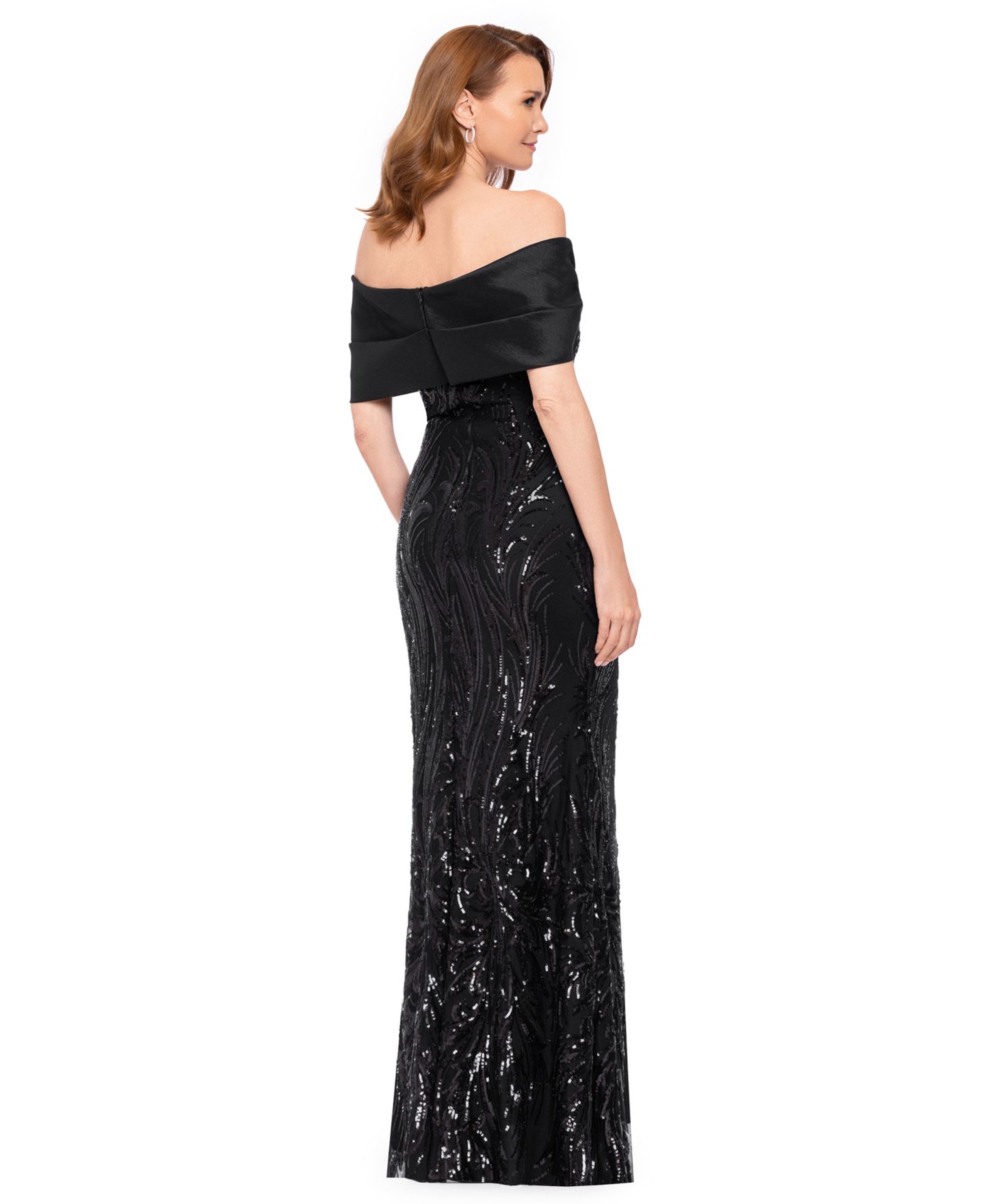 Женские платья Betsy & Adam Sequin Off-the-Shoulder Gown, цвет: Чёрный — фото 4