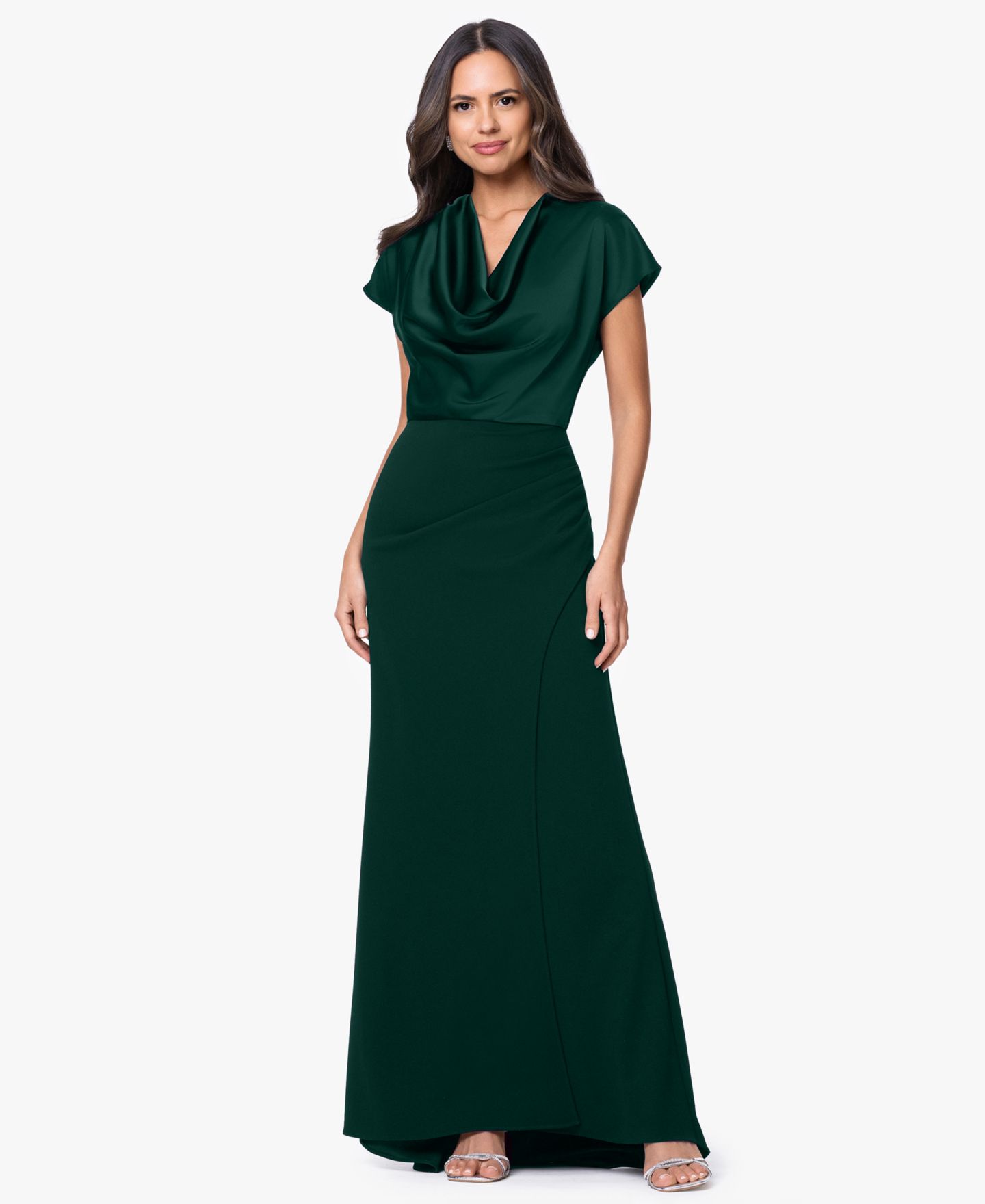 Женские платья Betsy & Adam Petite Cowl Neck Long Ball Gown, цвет: Тёмно-зелёный — фото 2