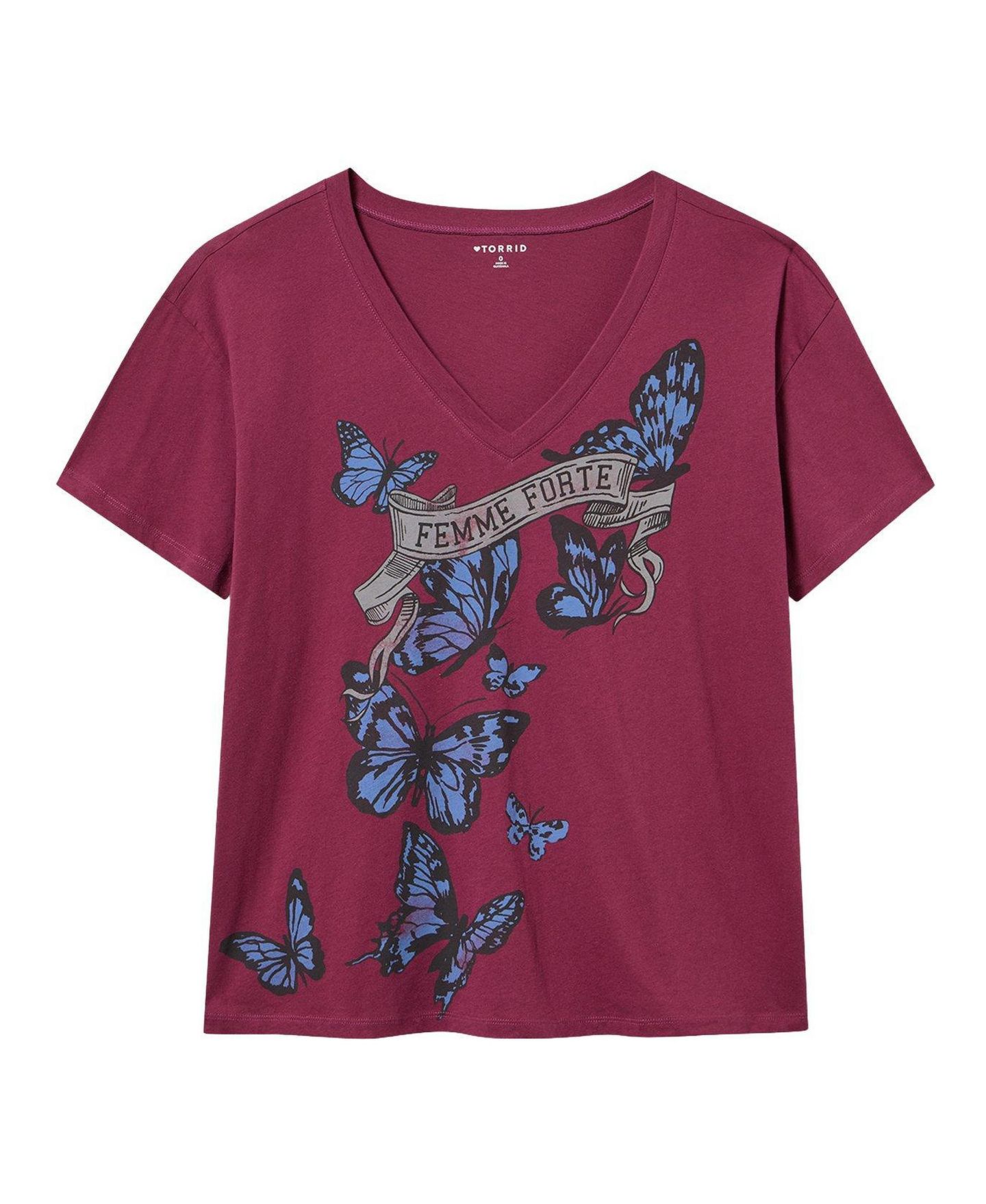 Женская футболка Torrid Plus Size Relaxed-Fit V-Neck, цвет: Butterfly Flight Amaranth — фото 1