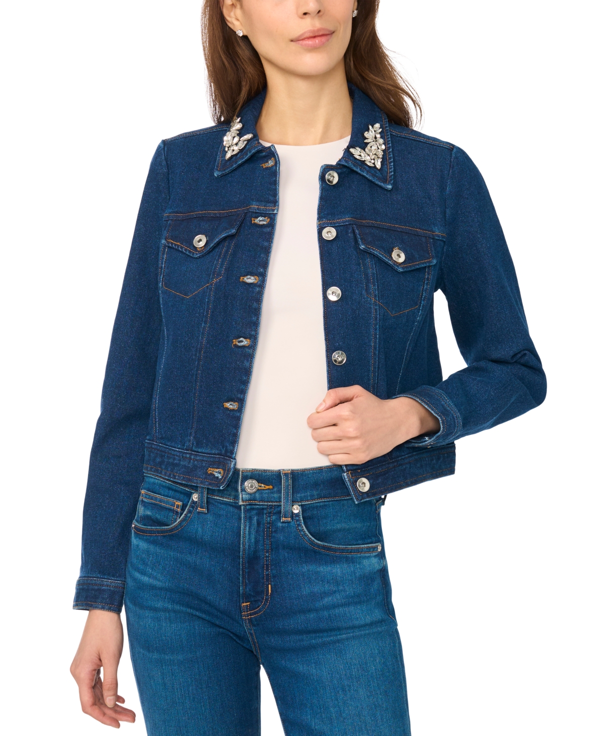 CeCe Women's Crystal Collar Puff Sleeve Cropped Denim Jacket