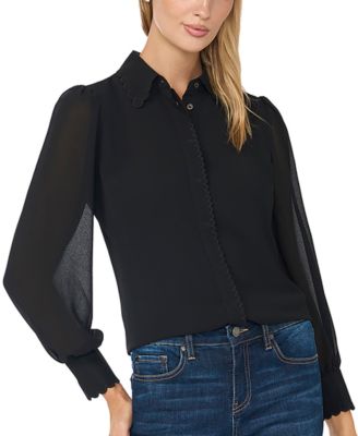 Women's Scallop-Trim Long-Sleeve Chiffon Blouse