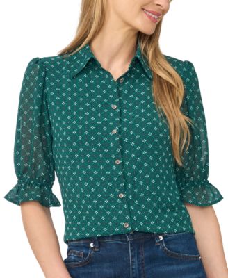 Women's Short-Sleeve Smocked Cuff Geometric-Print Button-Down Shirt