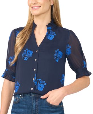 Women's Floral-Embroidery V-Neck Elbow-Length Sleeve Button-Down Blouse