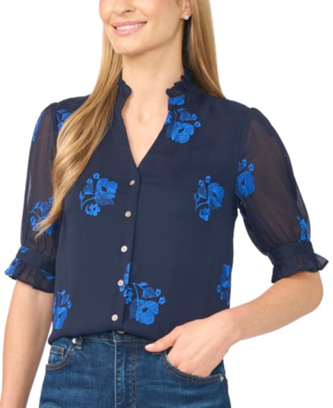 Женская блузка CeCe Floral-Embroidery V-Neck Elbow-Length Sleeve Button-Down Blouse, цвет: Тёмно-синий