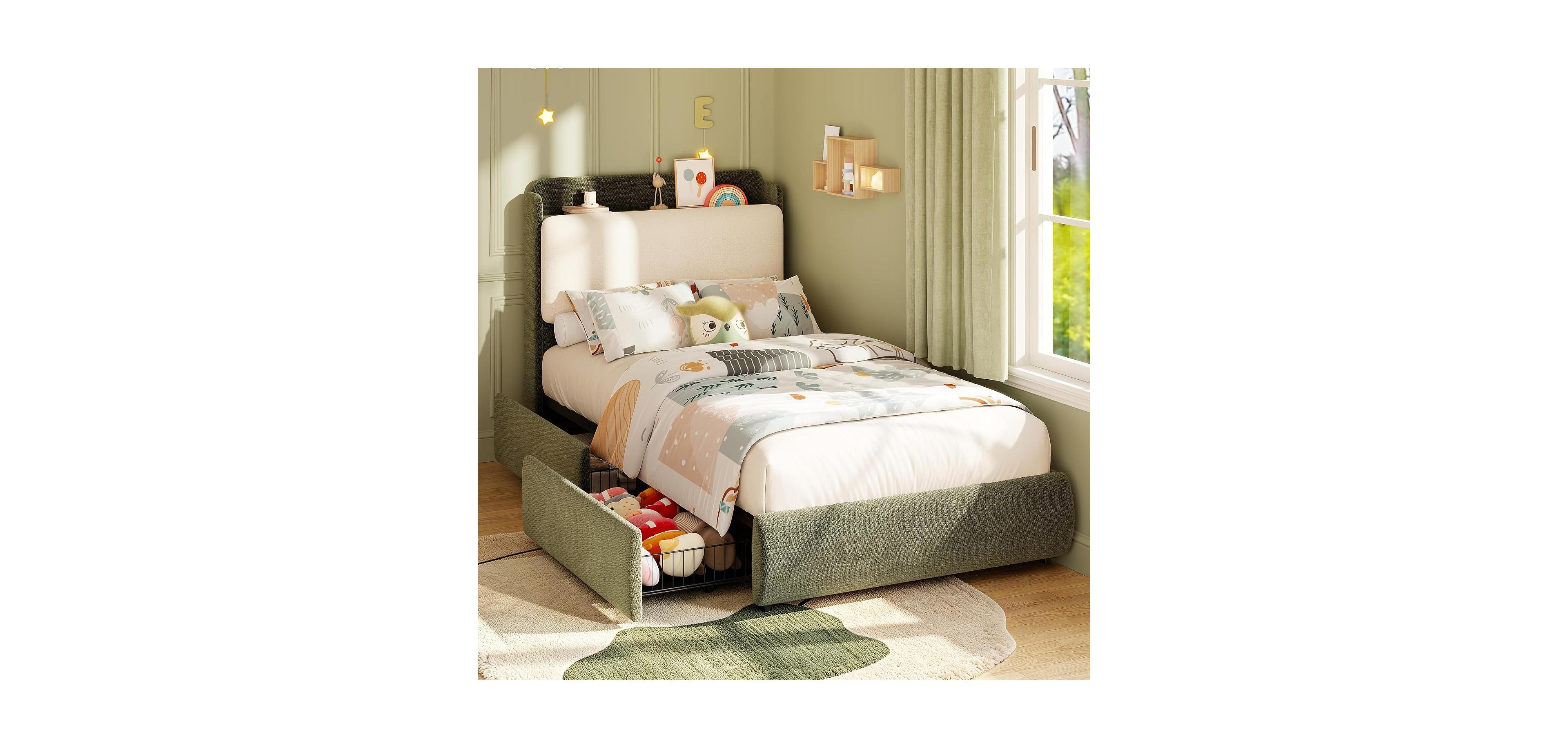gaomon Twin Size Bed Frame with Recessed Shelf for Kids Safe twin bed with recessed shelf for books and nightlight, rounded soft corners