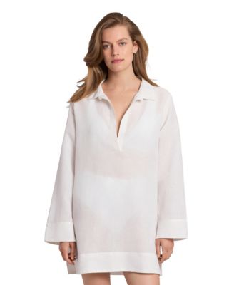 Women's V-Neck Three-Quarter-Length-Sleeve Linen-Blend Tunic Cover-Up