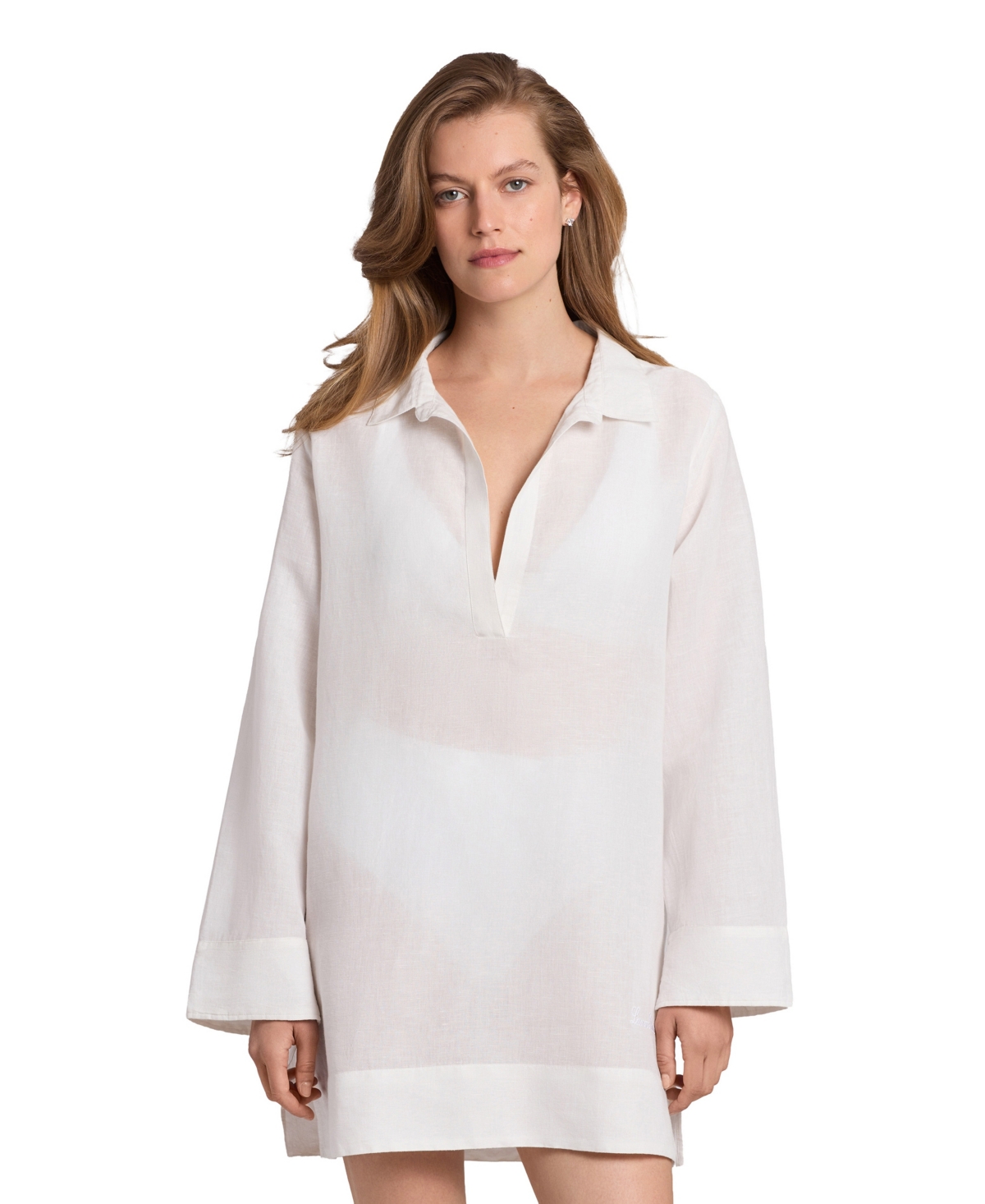 Lauren Ralph Women's V-Neck Three-Quarter-Length-Sleeve Linen-Blend Tunic Cover-Up