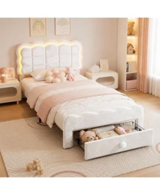 Twin Size Bed Frame with LED Lights and Storage Drawer, Adjustable Wavy Headboard, Upholstered Velvet Platform Bed