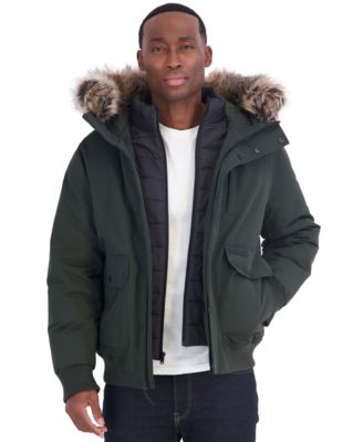 Men's Faux-Fur-Trim Quilted-Bib Hooded Bomber Jacket