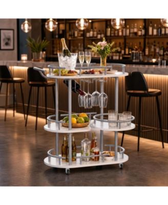 3 Tier Rolling Bar Cart, 360degree(s) Rotating Marble Shelves, Industrial Metal Cart with Wine Rack and Glass Holder for Home Bar