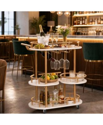 3 Tier Rolling Bar Cart, 360degree(s) Rotating Marble Shelves, Industrial Metal Cart with Wine Rack and Glass Holder for Home Bar