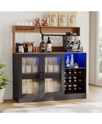 Wine Bar Cabinet with Glass Holder and Coffee Bar Cabinet with LED Light,Liquor Cabinet with Fluted Acrylic Glass Door,Upper Display Shelf