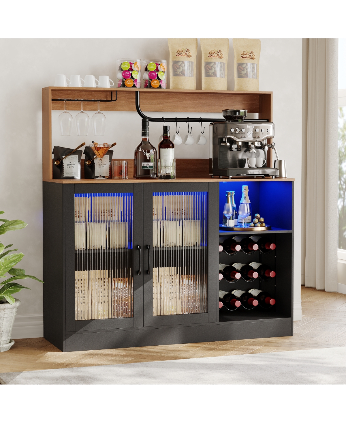 gaomon Wine Bar Cabinet with Glass Holder and Coffee Bar Cabinet with Led Light,Liquor Cabinet with Fluted Acrylic Glass Door,Upper Display Shelf
