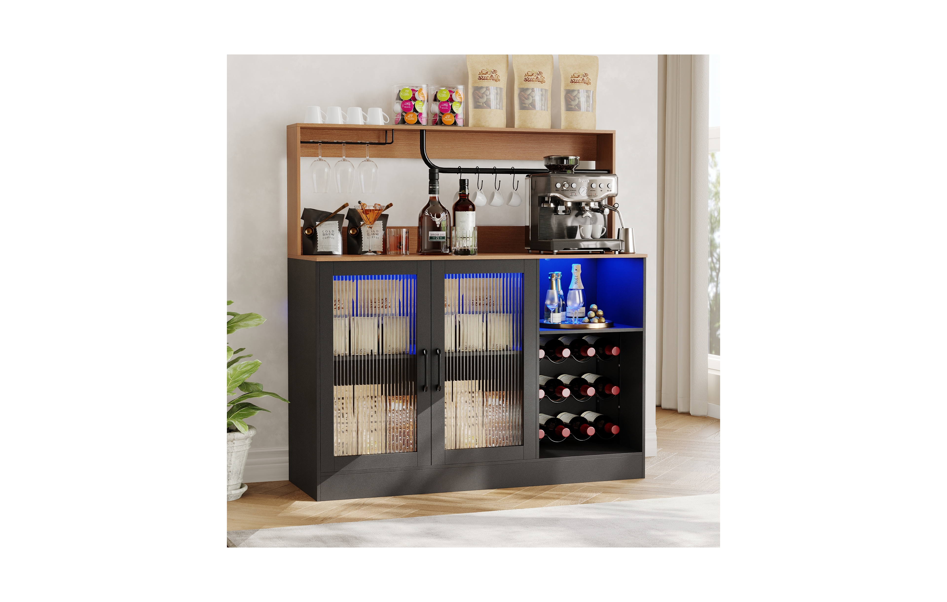 gaomon Wine Bar Cabinet with Glass Holder and Coffee Bar Cabinet with Led Light,Liquor Cabinet with Fluted Acrylic Glass Door,Upper Display Shelf