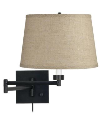 Rustic Farmhouse Swing Arm Wall Lamp Espresso Black Plug-in Light Fixture Burlap Fabric Drum Shade for Bedroom Bedside Living Room Home
