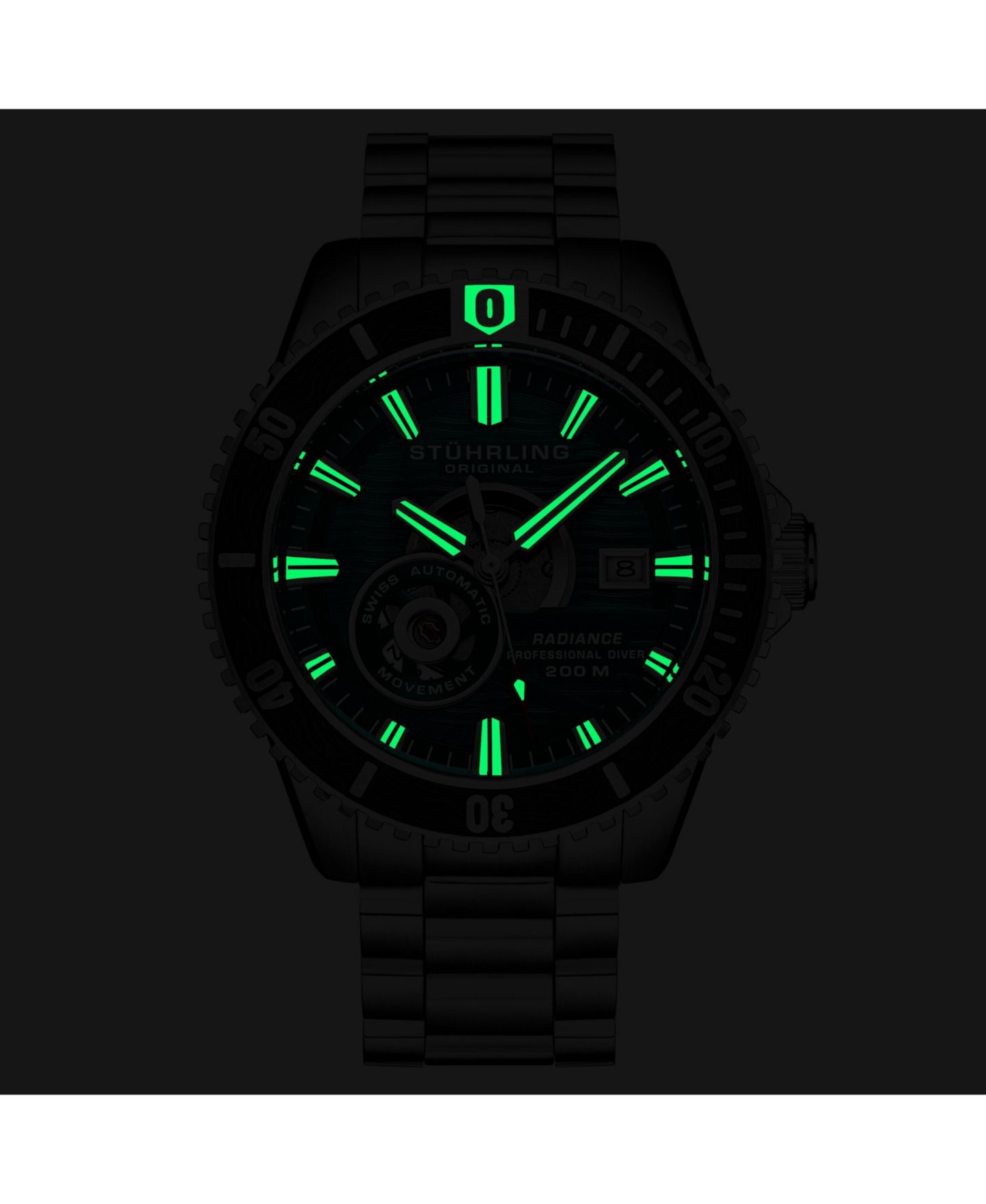 Мужские часы Stuhrling 1013 Automatic Watch Swiss Movement Turquoise Dial Gunmetal Bezel Stainless Steel Bracelet 200M Water Resistant Diver Date Window, цвет: Зелёный — фото 5