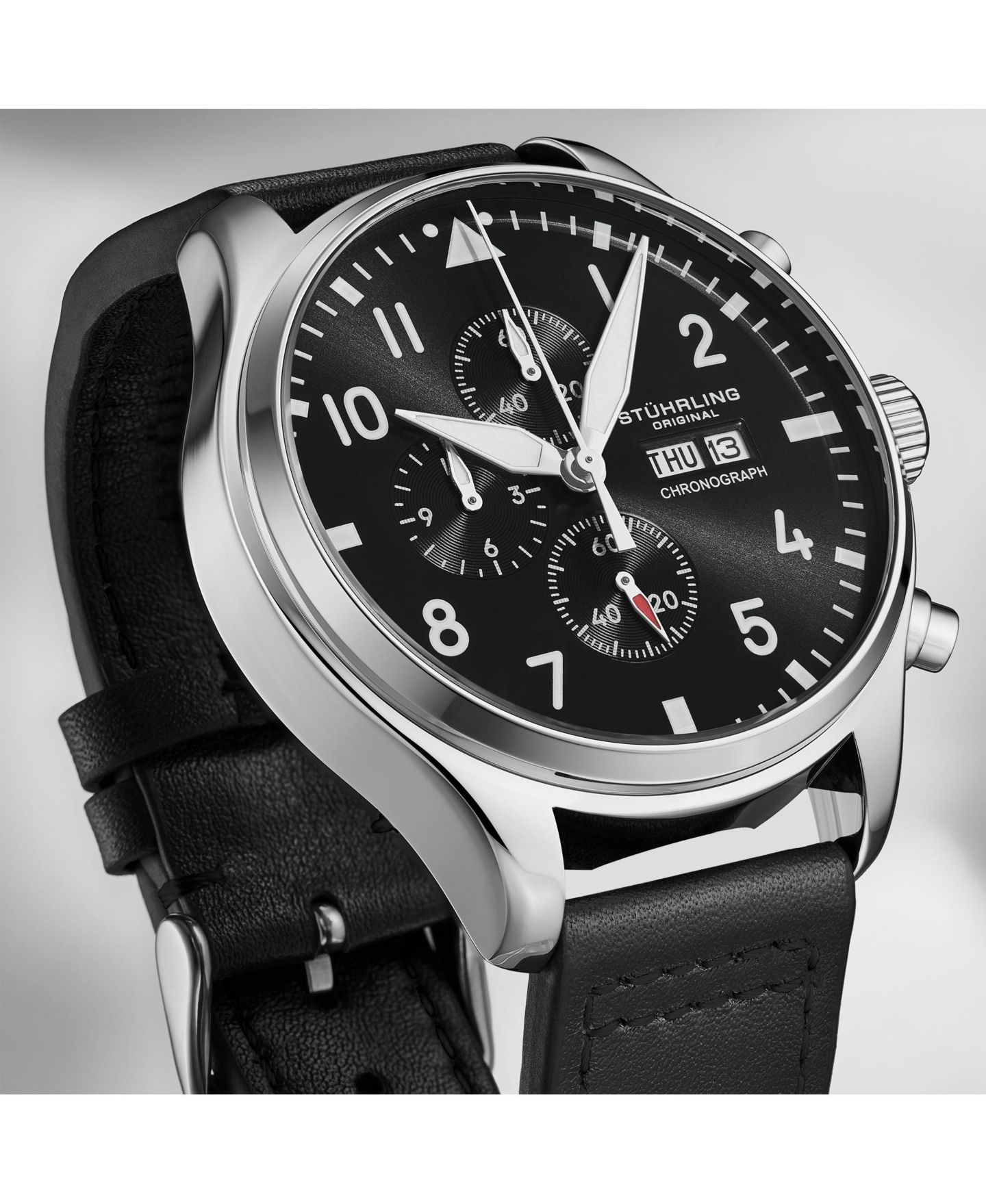 Мужские часы Stuhrling Navigator 4075 хронограф на кожаном ремешке, цвет: Чёрный — фото 3