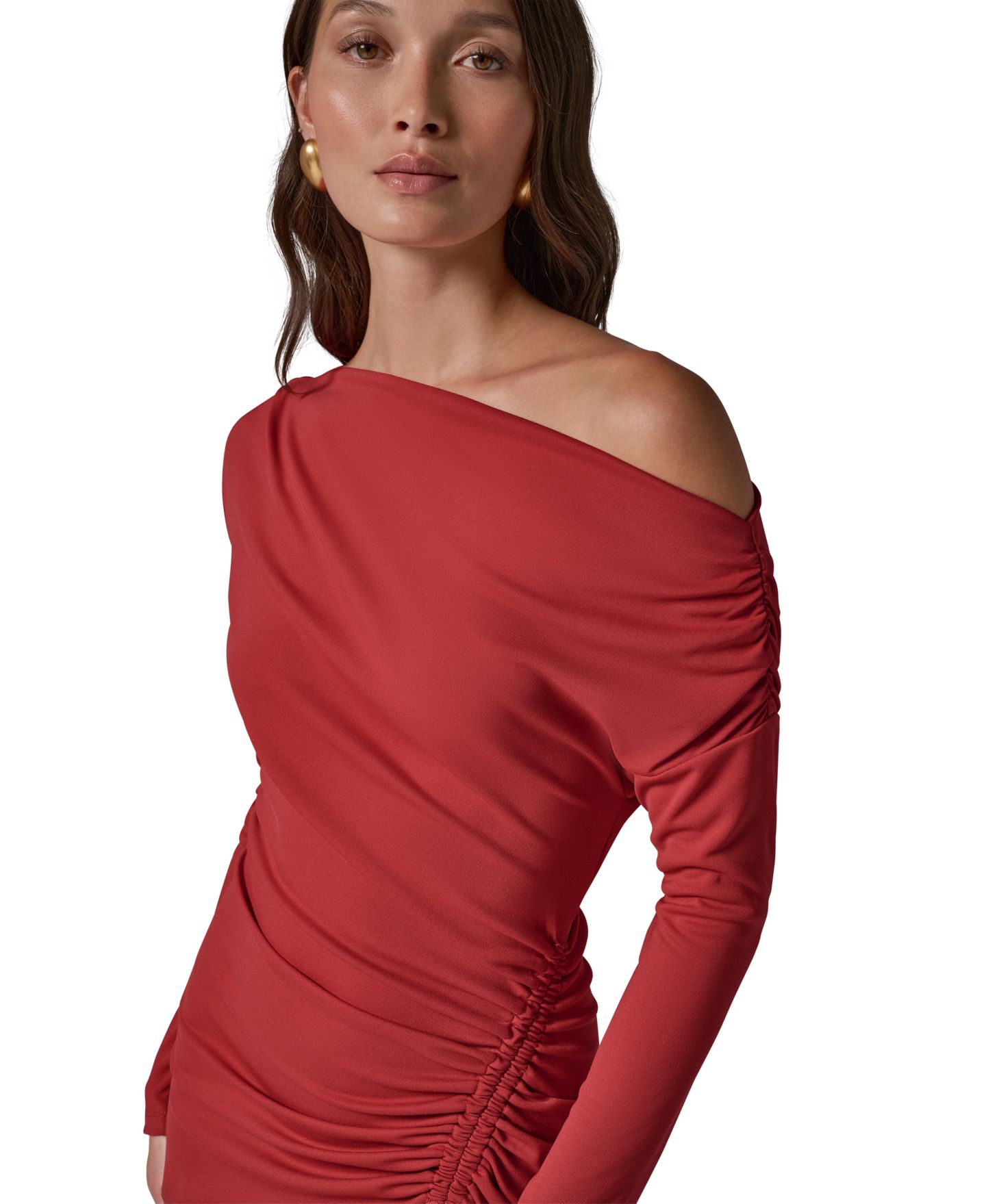 Женское платье Donna Karan New York Off-the-Shoulder Long-Sleeve Ruched Maxi, цвет: Красный — фото 3