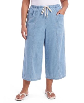 Plus Size Pull-On High-Rise Cropped Denim Jeans