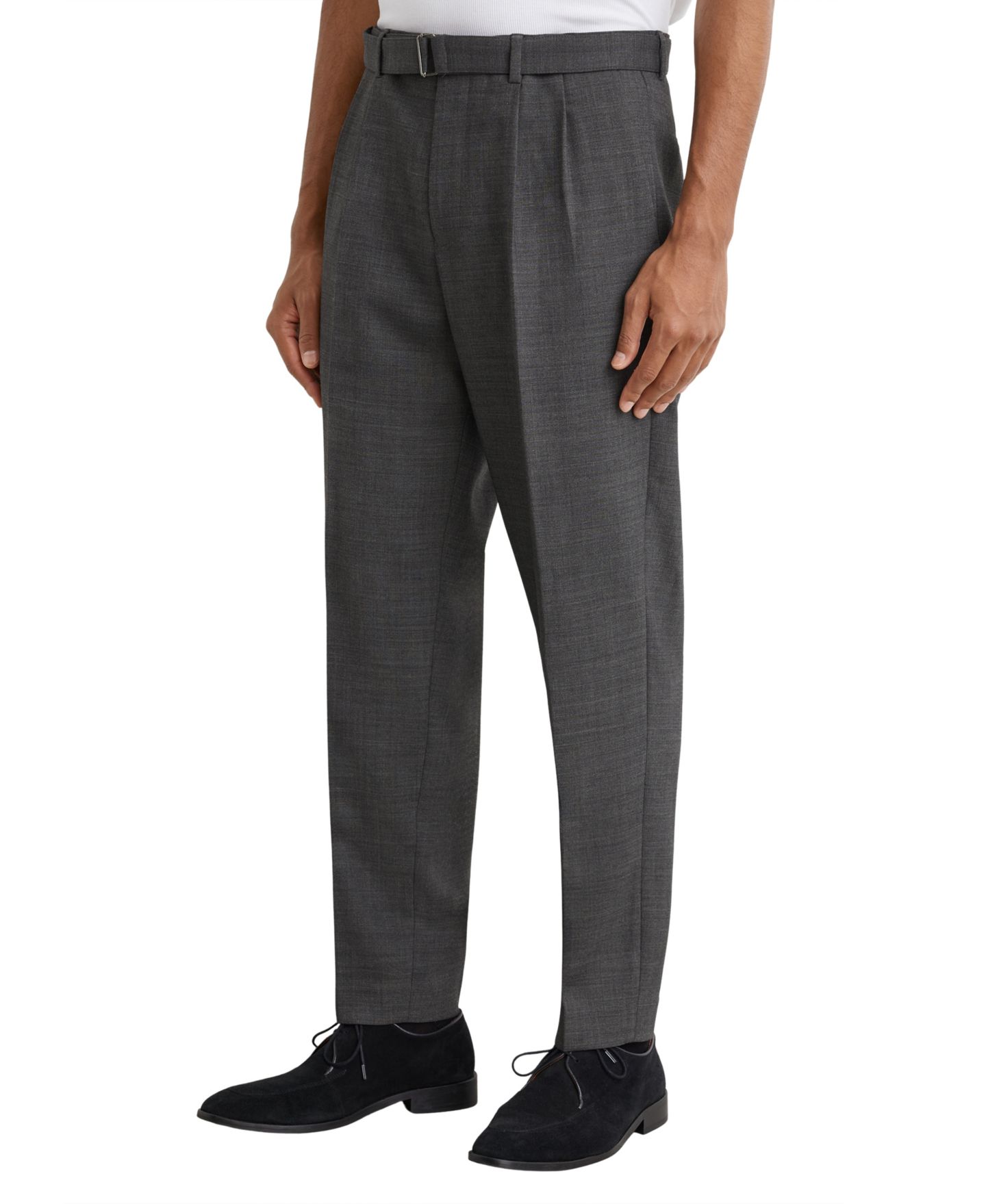 Мужские брюки REISS Strap Wool-Blend Belted Pleated Tapered-Fit, цвет: Мягкий серый — фото 1