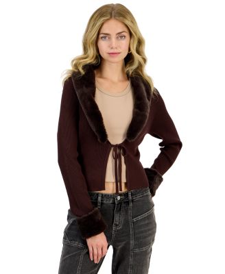 Juniors' Faux Fur Collar Shawl Tie Front Cardigan
