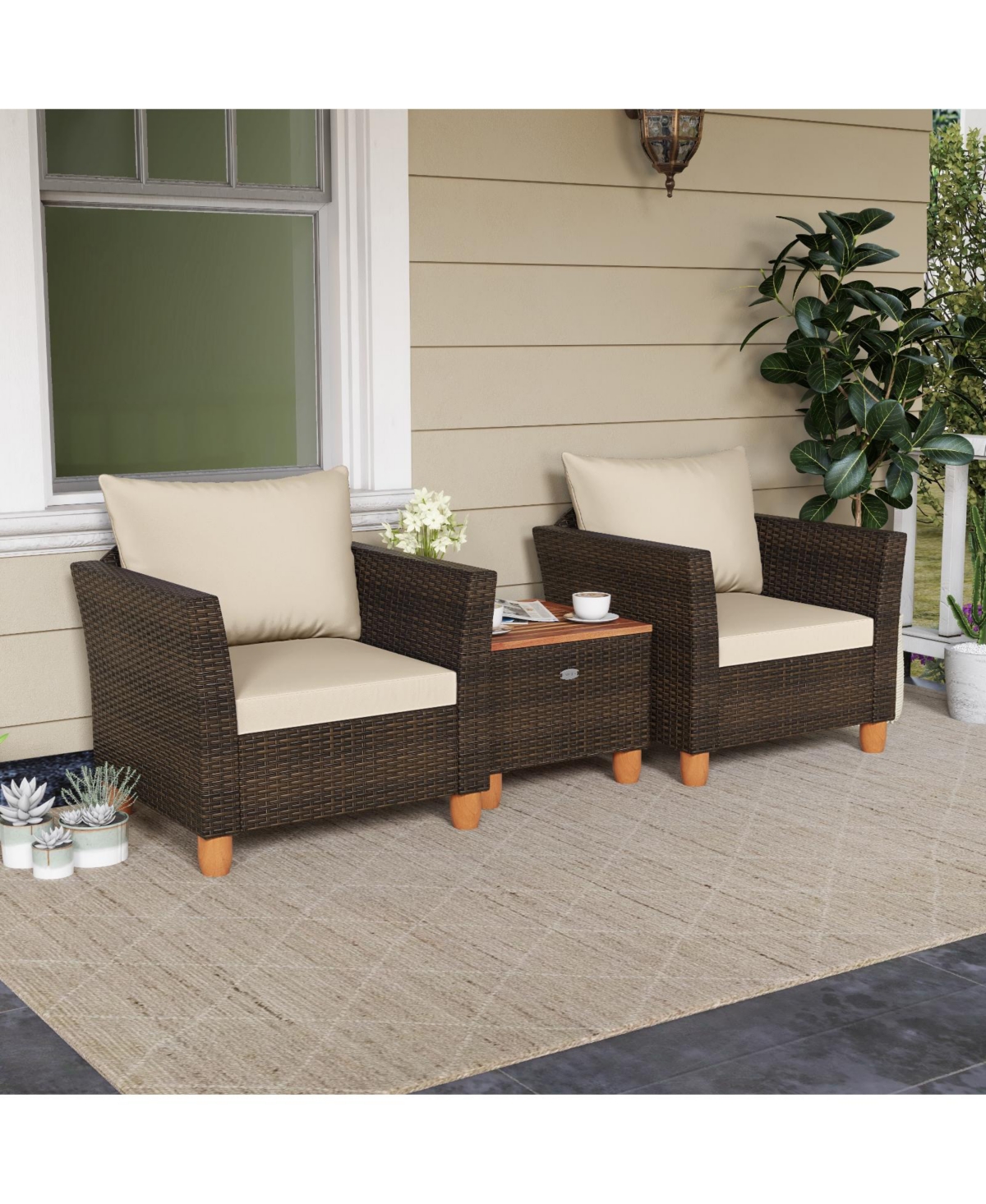 Gymax 3 Piece Patio Pe Wicker Furniture Set Outdoor Conversation Bistro Set with Cushions