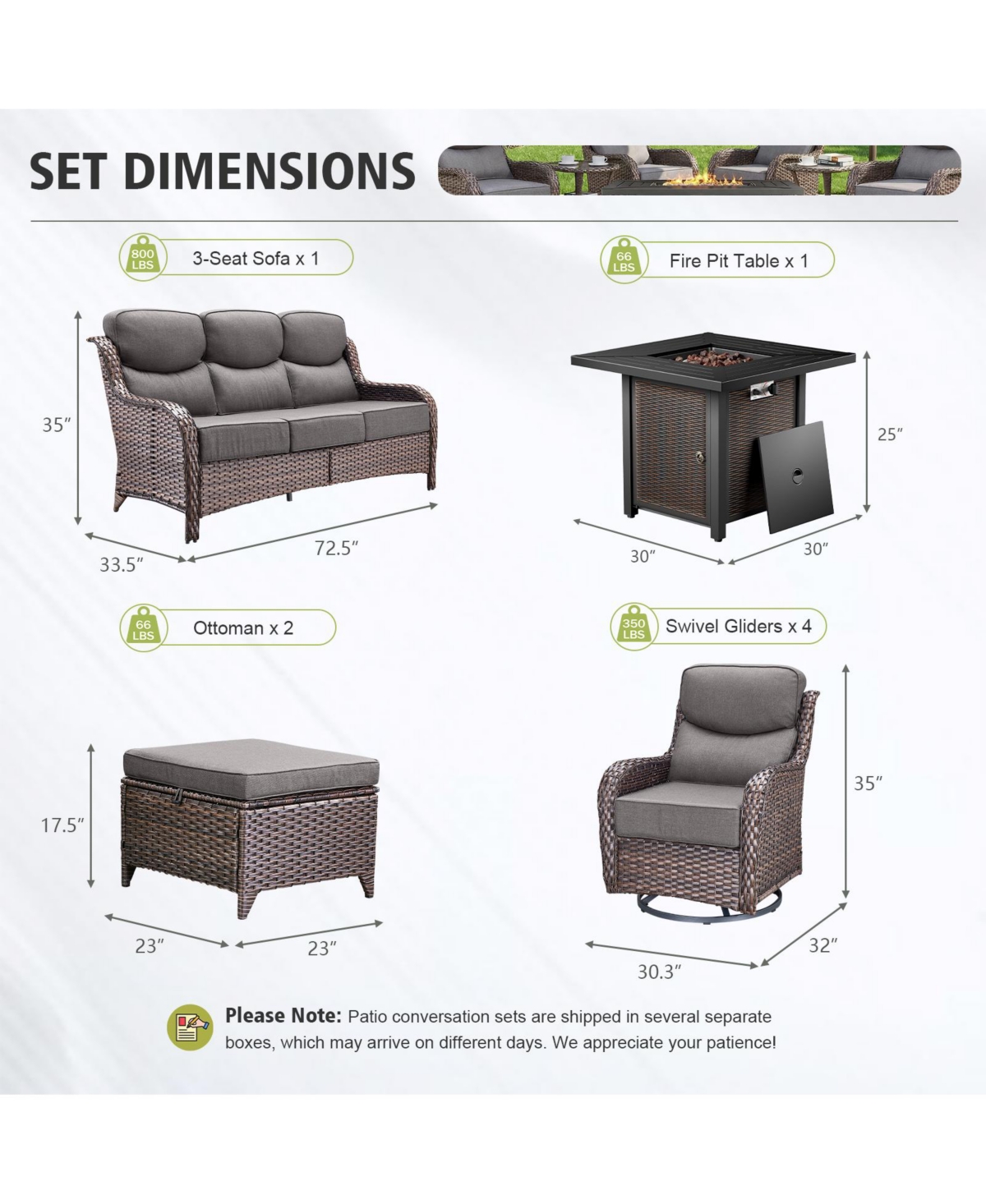 Pocassy Homile 8 Pieces All-Weather Wicker Patio Furniture Set With Propane Fire Pit Table, Swivel Rocking Chairs and 6in Thick Cushions