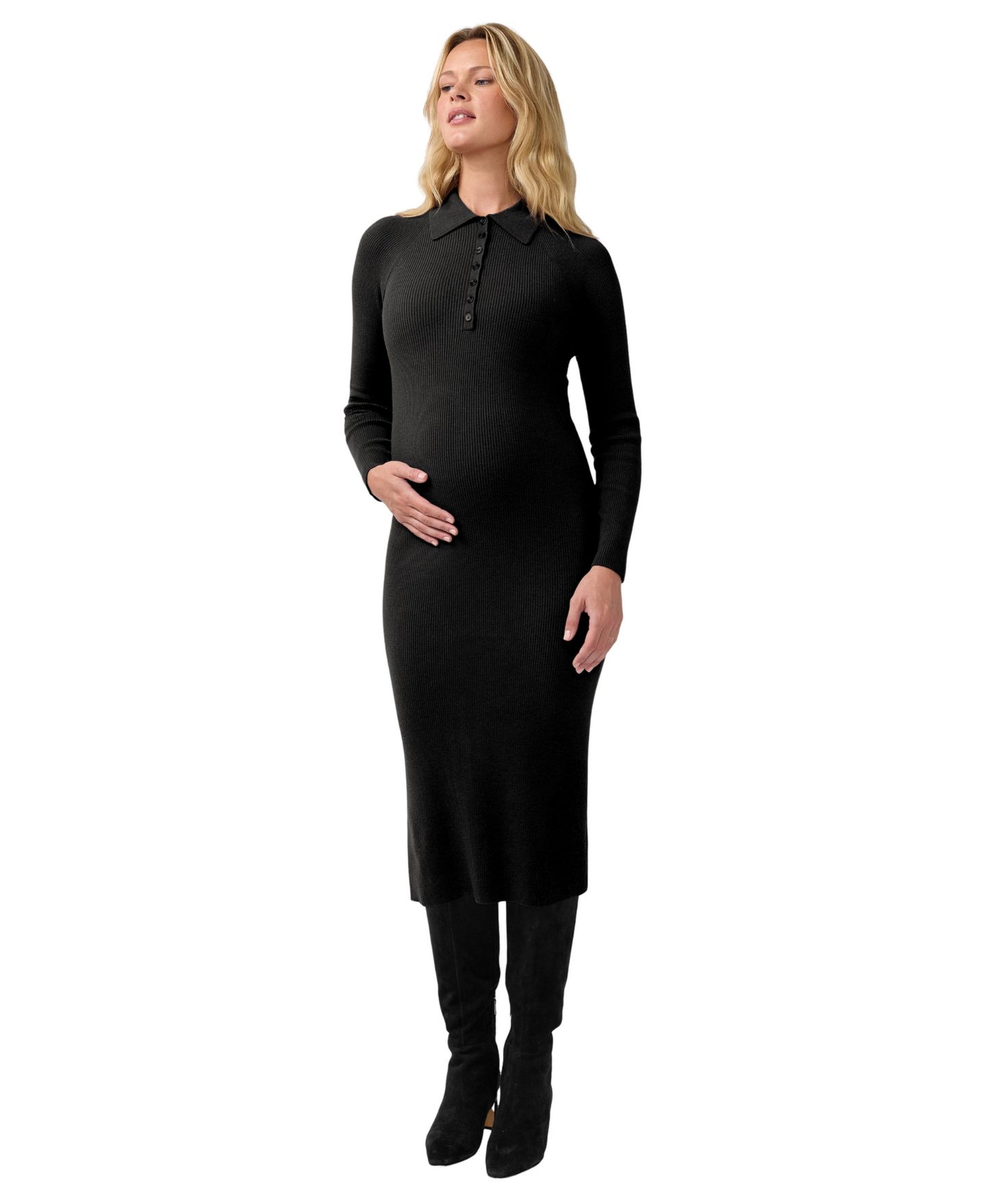 Женское платье Ingrid + Isabel Maternity Nursing Ribbed Long-Sleeve Midi, цвет: Чёрный — фото 1