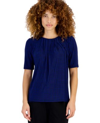Petite Plaid-Print Crewneck Short-Sleeve Blouse