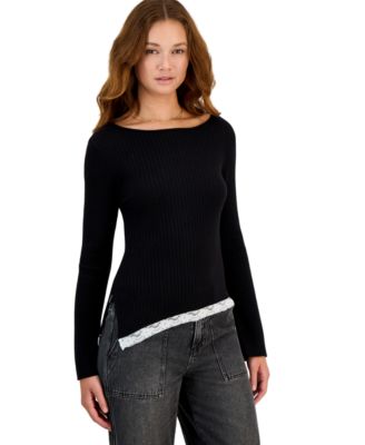 Juniors' Long-Sleeve Crewneck Asymmetric Lace-Trim Sweater